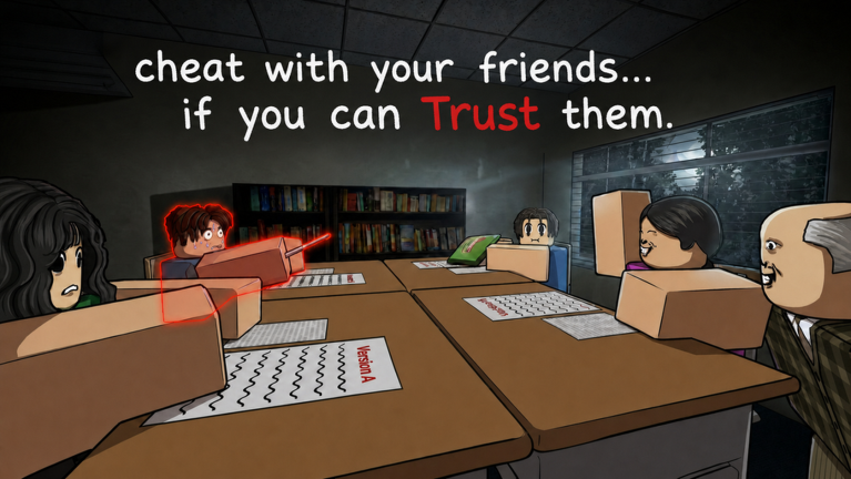 A classroom scene from Cheating During Testing on Roblox